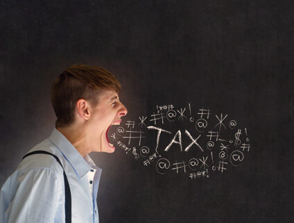 profile of man shouting TAX and other, starred-out words