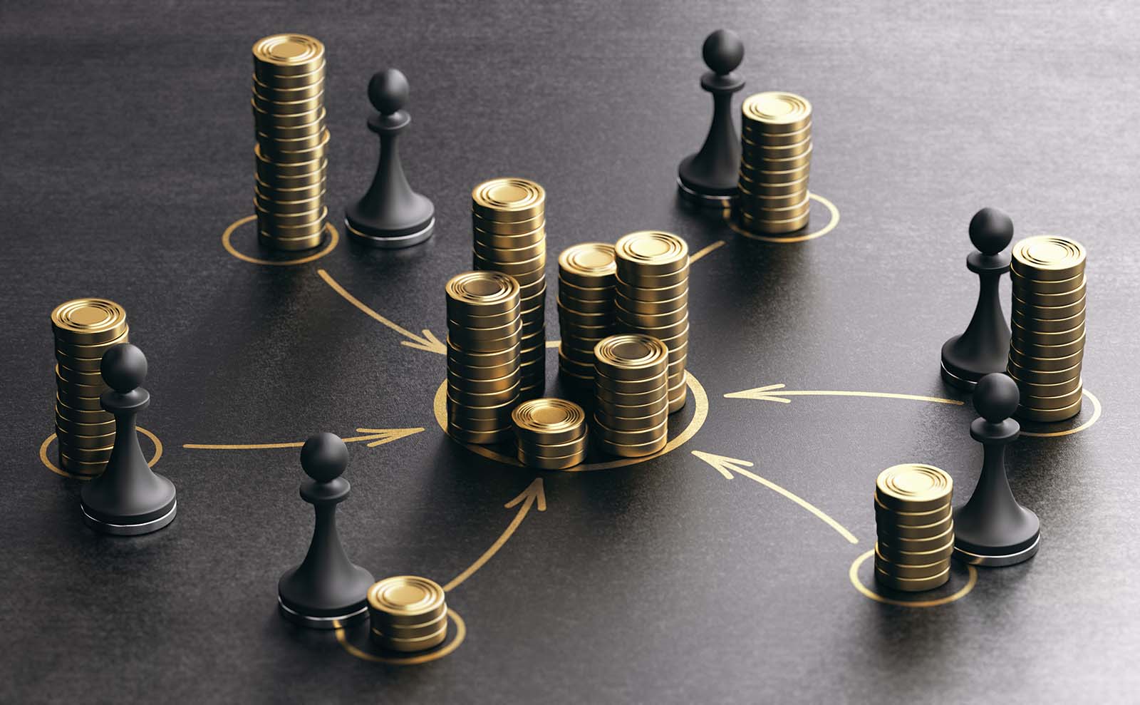 pawns and stacks of coins, each with an arrow leading to several coin stacks in the center