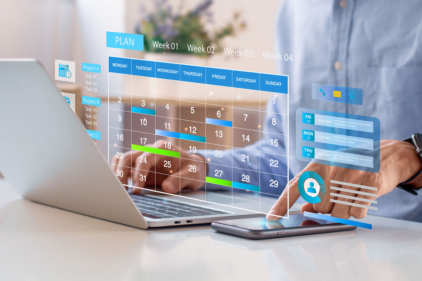 man filling in calendar using color-coded time blocks