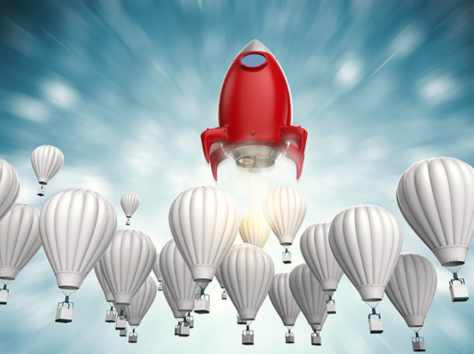 red rocket rising above white hot air balloons