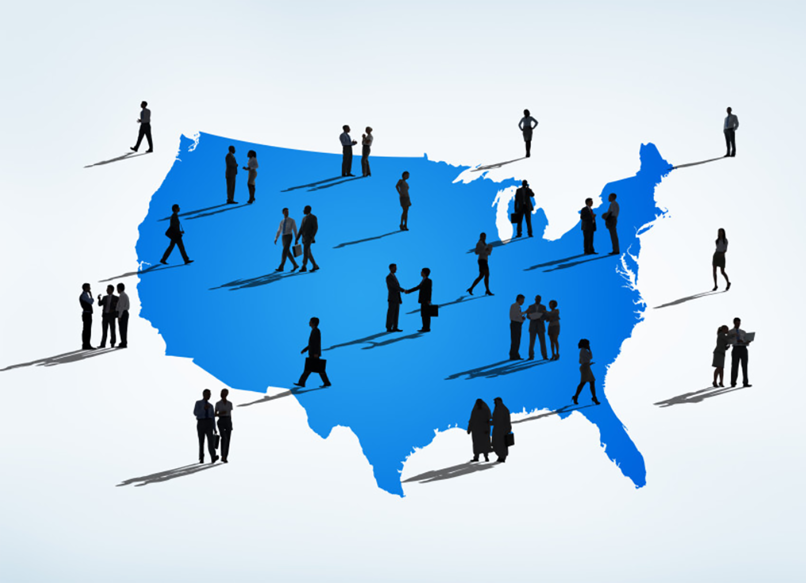 Silhouetted figures against US outline map