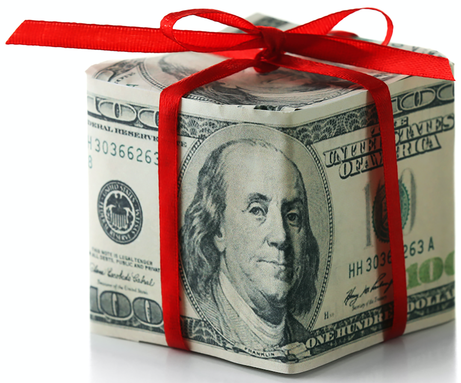 gift box wrapped in dollar bills and red ribbon