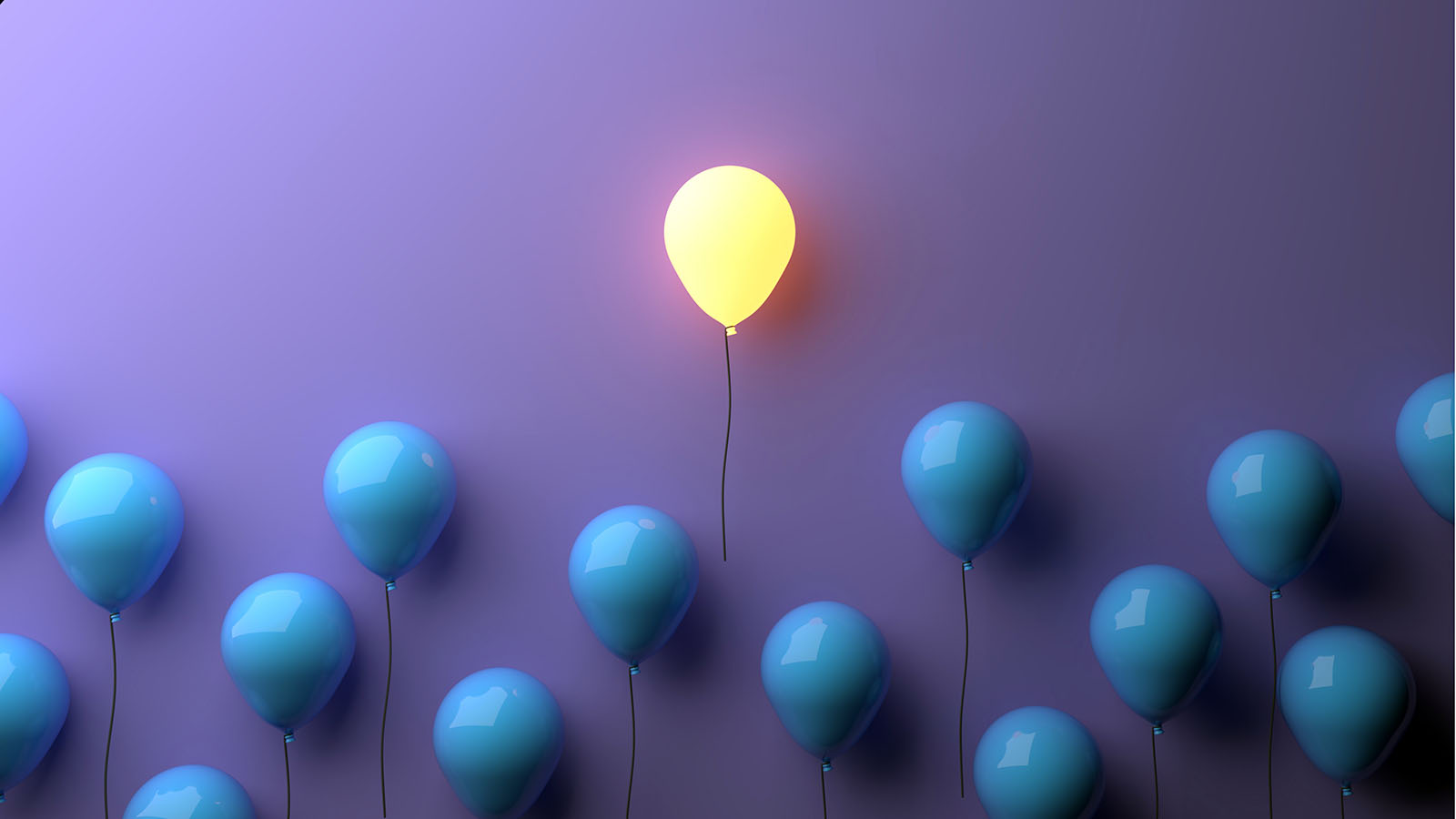 floating balloons, one lit up like a light bulb