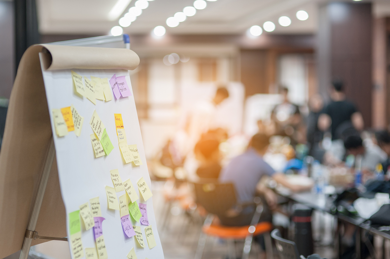 flip chart with sticky notes on it; people in background